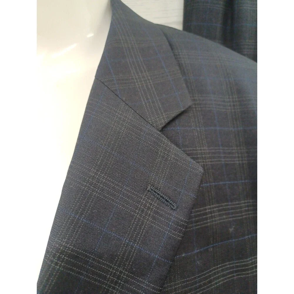 Paul Dione Wool Suit Sport Coat Blazer Dark Blue Windowpane 43R Pants 36x28.5